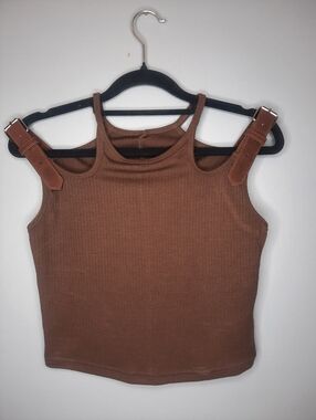 Brown Ribbed Tank Top with Buckle Straps